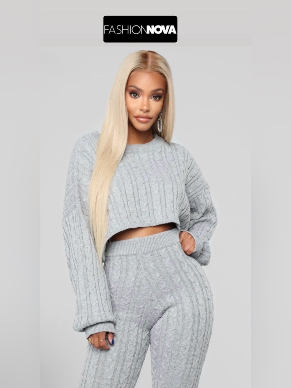 FashionNova Meet Me Half Way 2Pc Light Grey Crop Sweater & Leggings